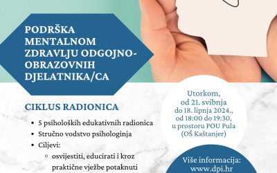 Poziv na radionice u sklopu projekta “Podrška mentalnom zdravlju odgojno-obrazovnih djelatnika/ca”